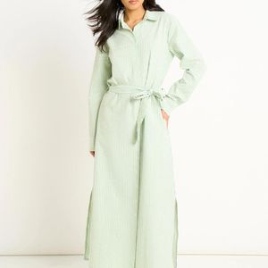 Gini London Green Long Sleeves Seersucker Stripe Shirt Dress