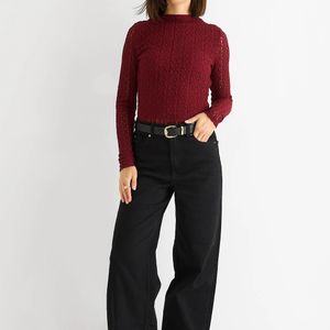 Gini London Red Burgundy High Neck Jersey Lace Long Sleeve Top