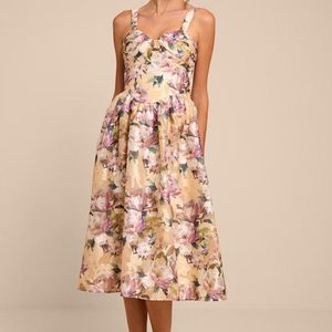 Lulus Natural Kathani Floral Jacquard Bustier Midi Dress