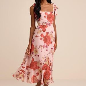 Lulus Pink Summer Invite Floral Tie-Strap Tiered Midi Dress
