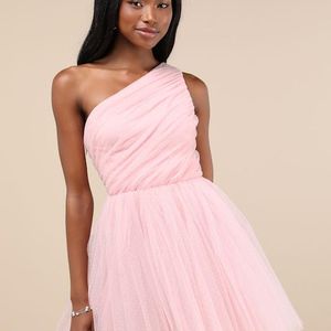 Lulus Pink Exceptional Moments Swiss Dot One-Shoulder Mini Dress