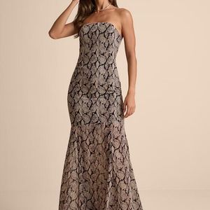 Lulus Natural Cherette Snake Print Strapless Maxi Dress