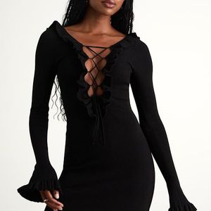 Lulus Black Haylea Ribbed Lace-Up Ruffled Sweater Mini Dress