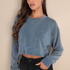 Lulus Blue Relaxed Attitude Textured Ribbed Long Sleeve Crop Top