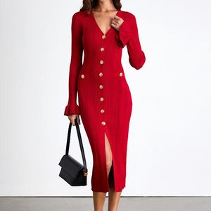 Lulus Red Dayena Ribbed Button-Front Sweater Midi Dress