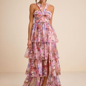 Lulus Pink Dayanara Multi Floral Organza Tiered Maxi Dress