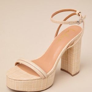 Lulus Brocktan Natural Raffia Platform Ankle Strap High Heel Sandals