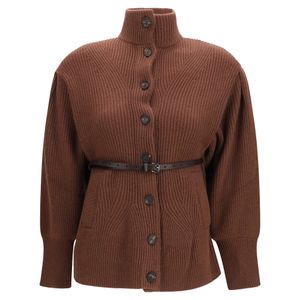 Brunello Cucinelli Brown High Neck Cardigan With Belt