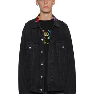 メンズ Balenciaga レインボーロゴ刺繍 デニムジャケット ブラック