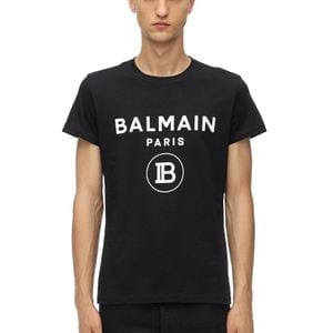 メンズ Balmain ブラック ベルベット ロゴ T シャツ