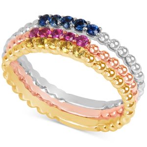 Macy's Metallic Multi-sapphire (1/8 Ct. T.w.) Tri-tone 3-pc. Set Stacking Rings In 14k White, Yellow, And Rose Gold