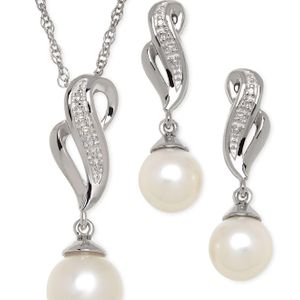 Macy's Metallic Cultured Freshwater Pearl (7-8mm) And Diamond Accent Jewelry Set In Sterling Silver