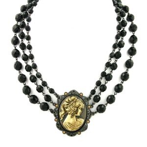 2028 Black-tone And Gold-tone Triple Strand Cameo Necklace 16" Adjustable