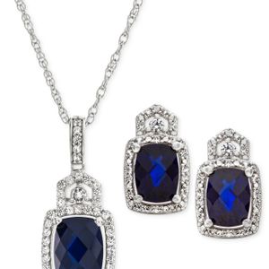 Macy's Metallic Lab Created Sapphire (3-1/2 Ct. T.w.) & White Sapphire (3/4 Ct. T.w.) Pendant Necklace & Stud Earrings In Sterling Silver
