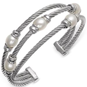 Macy's Metallic Cultured Freshwater Pearl (7-1/2mm) Three Row Cuff Bracelet In Sterling Silver