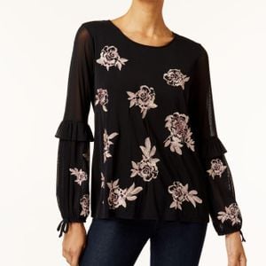 Style & Co. Black Embroidered Mesh Top