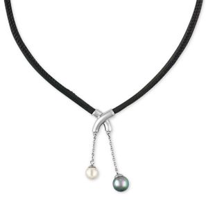 Majorica Metallic Silver-tone Imitation Pearl Black Leather Pendant Necklace