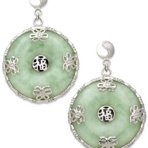 Macy's Green Sterling Silver Earrings, Jade Circle Flower Overlay Earrings