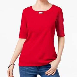 Karen Scott Red Cotton Embellished T-shirt, Created For Macy's