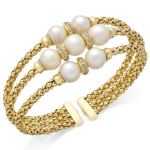 Macy's Metallic Cultured Freshwater Pearl (7-9mm) & Cubic Zirconia Openwork Bangle Bracelet In 14k Gold-plated Sterling Silver