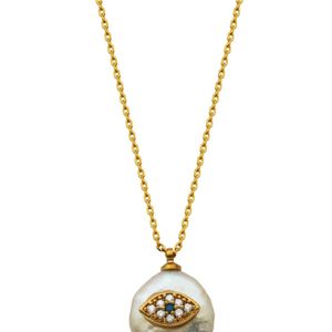 Macy's Metallic Pearl With Evil Eye Necklace In Fine Silver Plate