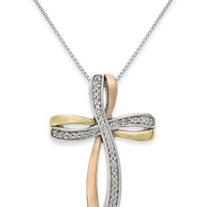Macy's Metallic Diamond Tri-tone Cross Pendant Necklace In 14k Gold And Sterling Silver (1/10 Ct. T.w.)