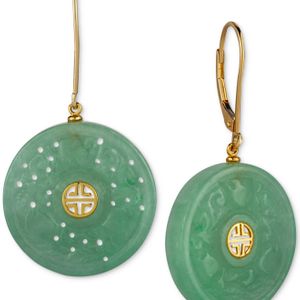 Macy's Metallic Dyed Jade (22mm) Carved Ornamental Disc Drop Earrings In 14k Gold-plated Sterling Silver