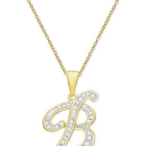 Macy's Metallic Diamond Accent Script Initial Pendant Necklace In 18k Gold-plated Sterling Silver