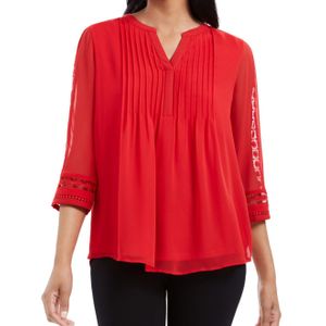 Charter Club Red Petite Sheer-sleeve Pintuck Top, Created For Macy's