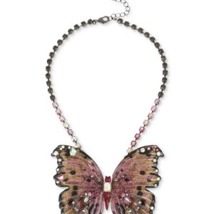 Betsey Johnson Pink Hematite Tone Glitter & Stone Large Butterfly Statement Necklace, 16" + 3" Extender.