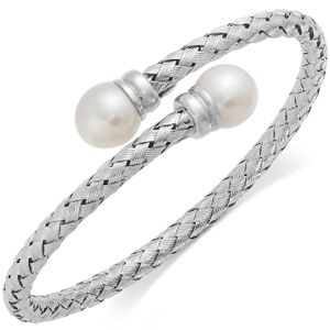 Macy's Cultured Freshwater Pearl Bypass Bangle Bracelet In Sterling Silver (10mm)