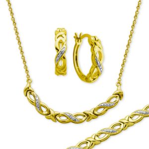 Macy's Metallic Diamond Accent Infinity Hoop Earrings, Collar Necklace And Link Bracelet Set In 18k Gold Over Silver-plate