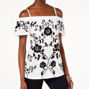 INC International Concepts White I.n.c. Embroidered Cold-shoulder Top, Created For Macy's