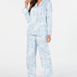 Miss Elaine Blue Knit Floral-print Pajamas Set