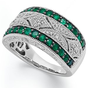 Macy's Green Emerald (1/2 Ct. T.w.) And Diamond Accent Antique Band In Sterling Silver