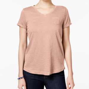 Style & Co. Pink Petite V-neck Pocket T-shirt, Created For Macy's