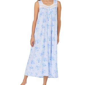 Eileen West Blue Lace-trim Floral-print Ballet Nightgown