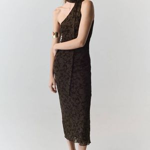Mango Brown Devoré Dress With Tie Detail