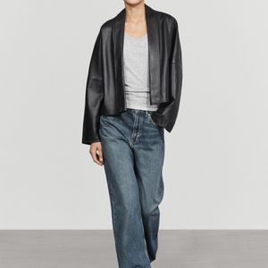 MASSIMO DUTTI Blue Nappa Leather Lapel Kimono
