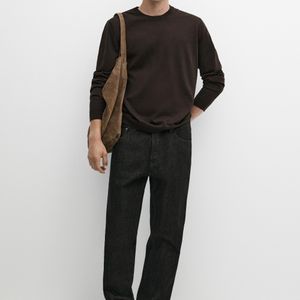 MASSIMO DUTTI Black 100% Merino Wool Round Neck Knit Sweater for men