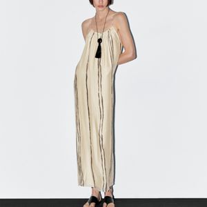MASSIMO DUTTI White Flowing Stripe Print Midi Dress