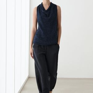 MASSIMO DUTTI Blue Flowing Linen Blend Pants With Buttoned Tab Detail