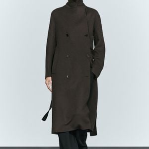 MASSIMO DUTTI Black Long Double-Breasted Coat With Belt Detail
