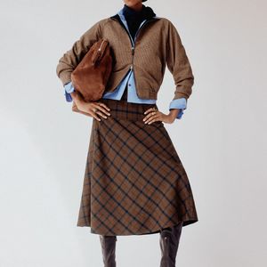 ME+EM Brown Check Fit And Flare Midi Skirt