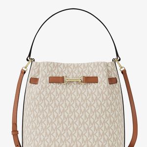 Michael Kors Outlet White Mk Carson Medium Signature Logo Convertible Bucket Crossbody Bag