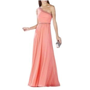 BCBGMAXAZRIA Danielle Coral One Shoulder Embellished Gown in het Roze