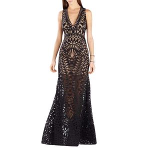 BCBGMAXAZRIA Maranda Burnout Lace Maxi Dress Gown Pdl67d27-4g4 in het Zwart