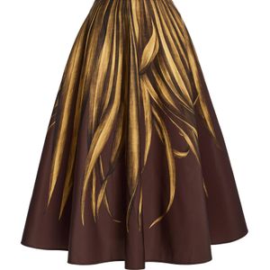Oscar de la Renta Brown Palm-Printed Faille Midi Skirt