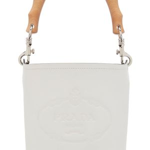 Prada Leather Bucket Bag With Wooden Handle ホワイト
