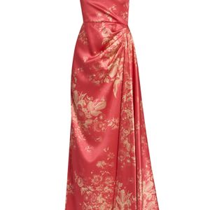 Erdem Red Floral Duchess Satin Asymmetric Drape Gown
